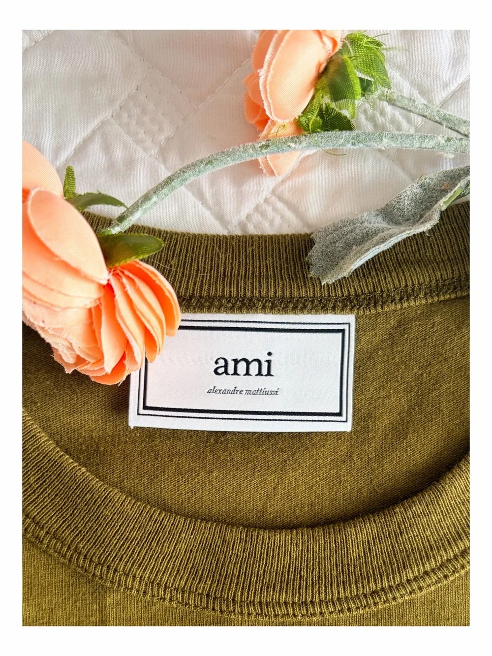 AMI Alexandre Mattiussi x Smiley Olive Cotton Graphic Tee Size M